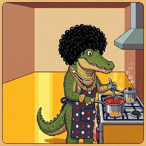Ilustración pixel art animada: un caimán con afro y cadenas de oro cocinando una salsa