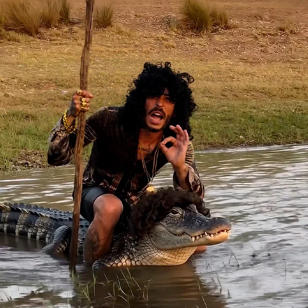 Pablo Nicasso sentado sobre un caimán en un río, imagen de Caimán Ibérico